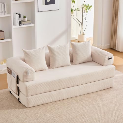 EURHCIO Canapé 2 Places en Velours côtelé,Canapé Lit Convertible Multifonctionnel Moderne,Poches Latérales et 3 Coussins,DIY Libre,pour Salon,Chambre,Bureau...