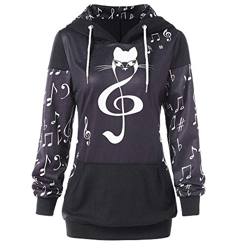 Lenfesh Sudaderas Ocasionales con Capucha para Mujer Personalidad Camiseta Gato y Nota Musical Impreso Otoño Invierno Sudaderas Casual Manga Larga de Estilo Deportivo