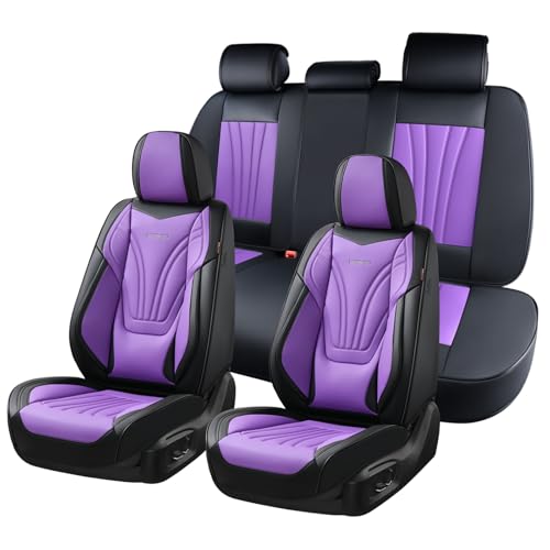 Image of Coverado Car Seat Covers Full Set, 5 Piece Car Seat Protector with Lumbar Support & Removable Headrest, Breathable Leather Front Rear Seat Cushion Universal Fit for Truck Automotive Purple