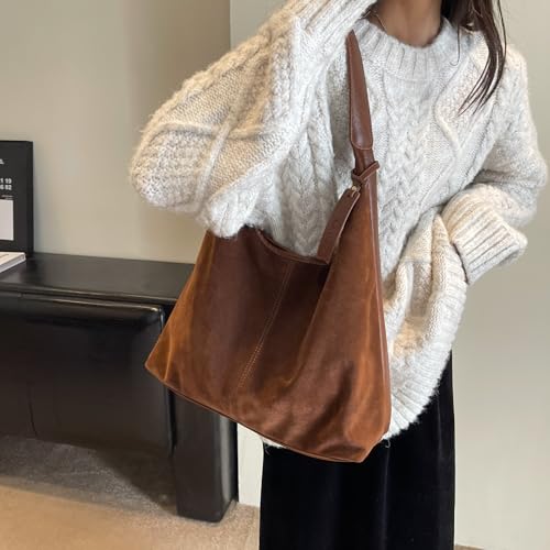 Image of Suede Bag Suede Tote Bag Brown Suede Shouder Purse Work Hobo Handbags Fall Aesthetics
