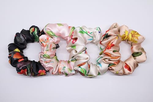 Image of Satin Scrunchies Hair Bands for Women | No-Damage Elastic Hair Ties for Ponytails & Buns | Fluffy & Stylish Rubber Bands | Free Size | Pack of 4 | Angel Blush Sm (Small Size)