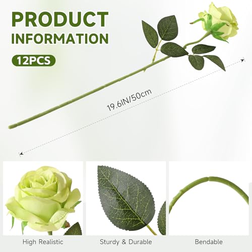 Image of Tifuly 12Pcs Green Roses Long Stem Fake Silk Artificial Flowers