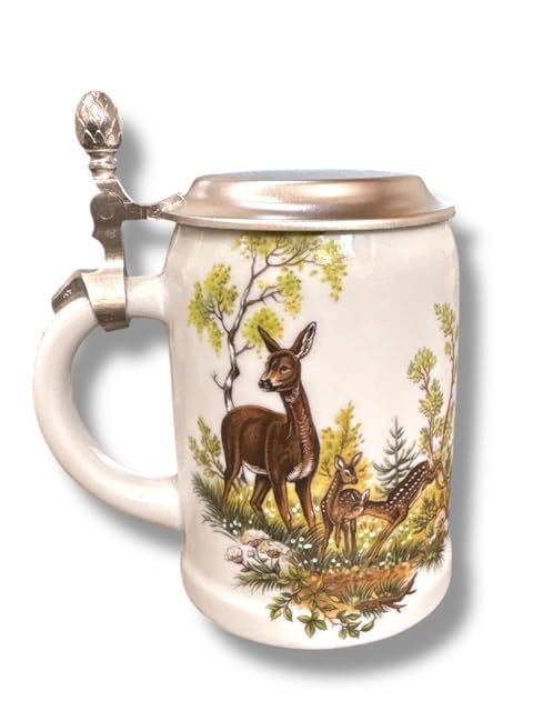Bierkrug Reh und Rehbock mit Zinndeckel, Porzellankrug Waldtiere -...
