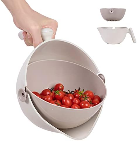 Gixemeva Rotatable Colander Strainer bowl Set with Handle,Plastic Fruit Berry Vegetable Wash Clean Colander Drain Basket Strainer Bowl,Apartment Kitchen Essentials Gadget, Off White