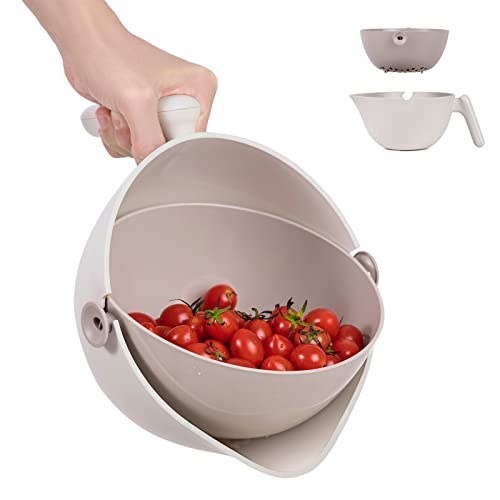 Gixemeva Rotatable Colander Strainer Bowl Set With Handle,Plastic Fruit Berry Vegetable Wash Clean Colander Drain Basket Strainer Bowl,Apartment Kitchen Essentials Gadget, Off White #TOP1