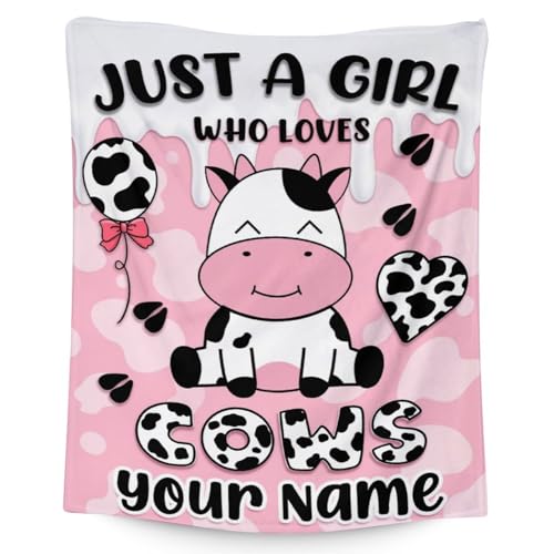 Mercuryelf Custom Cow Throw Blanket - Soft, Fuzzy & Warm - 60x80 Inches Flannel Blankets for Bed, Couch - Pink Cute Throws Gift for Women