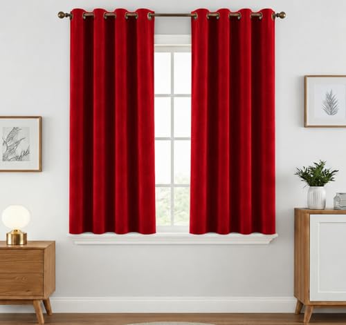 Image of Amazon Brand - Solimo Velvet Curtain Set of 2 (52x96 Inch) Plain Door & Window Curtains for Living Room & Bedroom |75% Light Blocking, Eyelet Curtains for Home Decor in Red Color (4 feet x 8 feet)