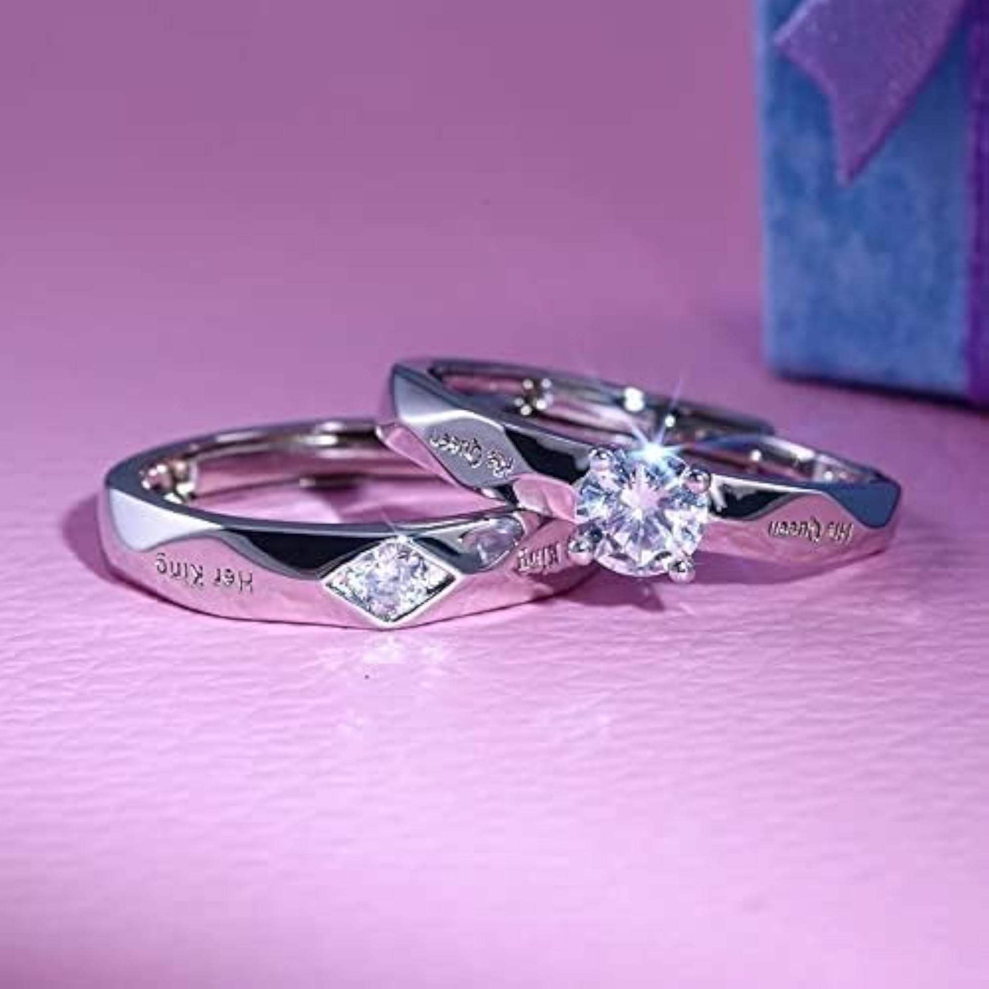 His and Her Adjustable Silver Couple Rings with Zirconia Stone