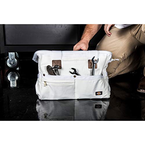 Dickies 16-Inch Durable Canvas Work Bag For Painters, Carpenters, And Builders, Heavy-Duty Zipper, Reinforced Handles, Exterior Pockets, White #TOP7