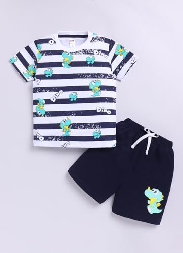 Image of LITTLE NINJA Cotton Half Sleeves Baby Dinosaur Printed Tee & Coordinating Shorts Set - White and Navy