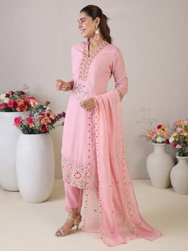 Image of INDO ERA Women's Straight Organza Floral Embroidered Kurta & Pant with Dupatta Set (IESTR9806)