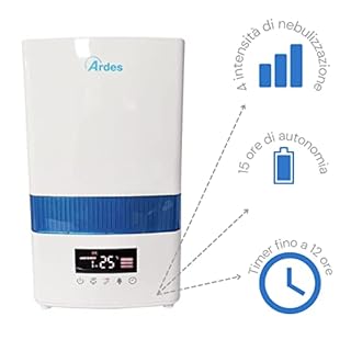 Ardes NEBULO DIGITAL AR8U20 – Umidificatore a ultrasuoni con ionizzatore, display LED, igrometro, 4 livelli di vapore e timer 12 ore, capacità 4,5 l, bianco