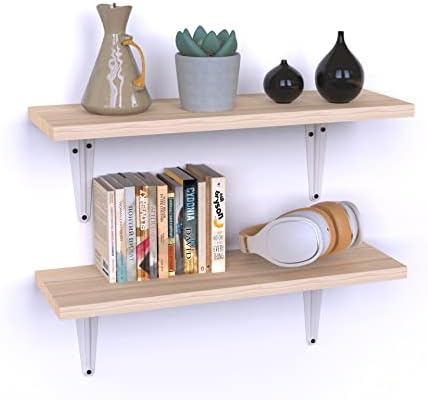 JAWU Set of 2 Pine Wood Floating Shelves - Decorative Hanging Farmhouse Rustic Shelves for Wall, Home, Kitchen, Bathroom, Bedroom - Wooden Shelf with L-Brackets, Screws, Plastic Plugs - 17x5.5x0.6