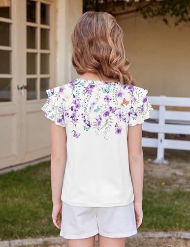 Image of Arshiner Girls T Shirts Ruffle Short Sleeve Summer Pleated Crewneck Casual Tops Tees Blouses