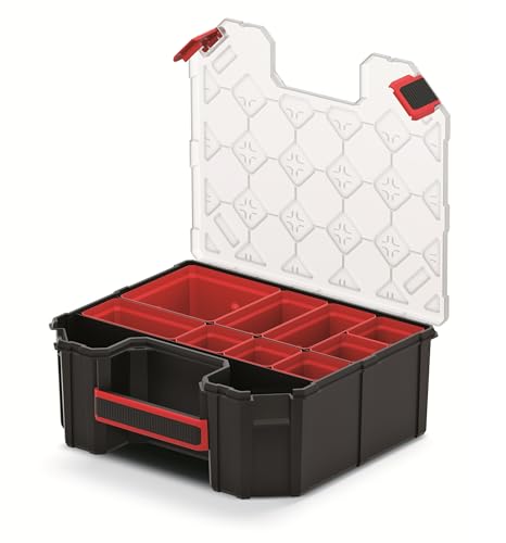 Mivos Caja de almacenamiento para accesorios y objetos pequeños - 284 x 243 x 105 mm - Caja con cierre de tornillo y 7 compartimentos internos extraíbles - Robusta caja de herramientas para taller