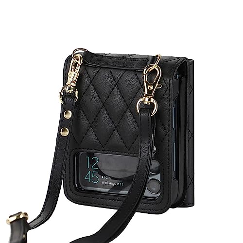 Bandoulière de luxe et coque en cuir pliante pour Samsung Z Flip 4 3 5G noir