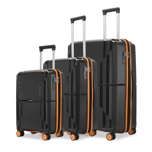 Image of Provogue Lumina Hard-Sided PP Trolley Bag Set of 3 | Expandable Space with 8 Wheels Trolley Bags for Travel |Lightweight with Combination Lock|5 Year Warranty (Midnight Black /Fire Orange)