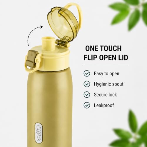 Image of CELLO Puro Steel-X Flint 900 Insulated Water Bottle 650 ml, Light Green | Easy Press Open Flip Top, Easy to Carry with Handle Leak Proof Inner Steel Water Bottle for School Kids, Office Gym Travel