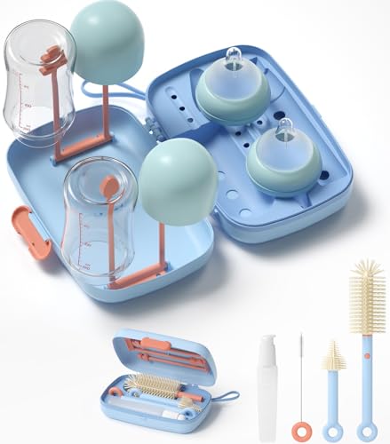 Image of Suvast 7in1 Travel Bottle Cleaner kit with Baby Bottle Brush and Bottle Drying Rack,Swift Cleaning, Easy Portability(Blue)