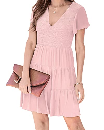BELONGSCI Women Summer Dresses V-Neck Flutter Sleeve Smocked Pleated Ruffle Casual Flowy Swing Mini Skater Dress