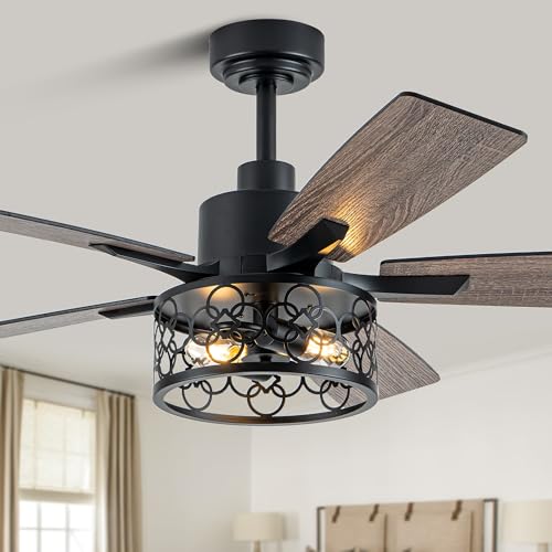 Image of Dawn Whisper 52 Inch Farmhouse Ceiling Fans with Lights and Remote Quiet and Reversible DC Motor Black Industrial Rustic Caged Ceiling Fan for Bedroom Living Room Covered Patio (12-Black)