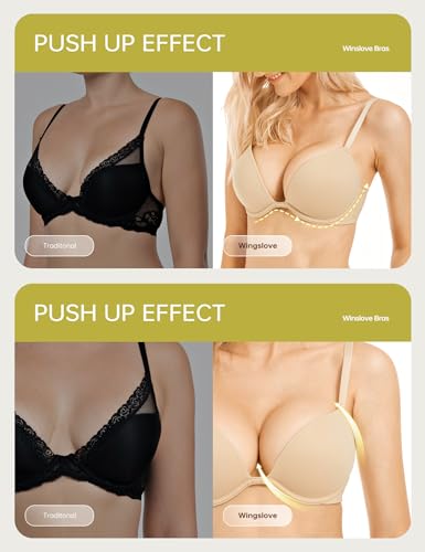 WingsLove Push Up Bra Sexy Deep V Plunge Add 2 Cups Bras Underwire T-Shirt Bra Multiway Nude - Image 2