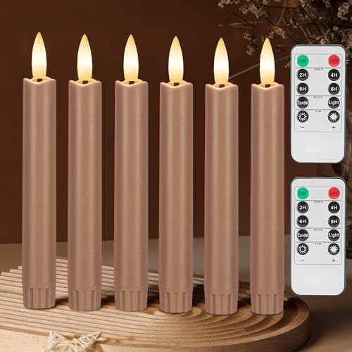 Image of Brown Flameless Taper Candles with Remote, Short Battery Operated LED Candles, 6.4inch Flickering Flameless Candlesticks for Table Centerpiece, Farmhouse, Mantel, Window Decor, Set of 6
