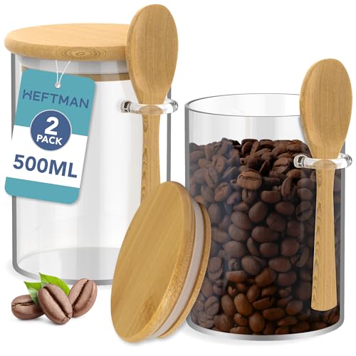 HEFTMAN Glass Jars with Bamboo Lids - 500ml, 2 Pack Glass Jars with Airtight Bamboo Lids and Spoons for Coffee, Sugar, Spices, Hot Chocolate Station Jars with Silicone Seal Storage Jars & Canisters