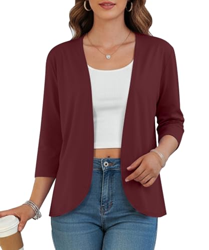NILOUFO Lightweight Cardigan for Women 3/4 Sleeve Open Front Cardigans Spring Summer Fall Thin Casual Travel Work Cardigan(Wine Red,Large)