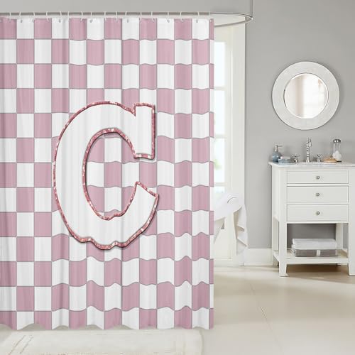 Image of Erosebridal Pink Initial C Bathroom Curtain Kawaii Plaid Checkered Shower Curtain 72 inch Wx78 L Cute Personalized Monogram Bathroom Accessories for Kids Girls,Fashion Grids Gingham Shower Decor