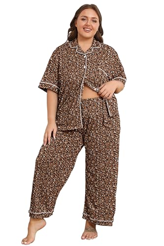 Image of Vozanet Women's Plus Size Pajamas Button Down Shirt and Pants Soft Lounge Sets Bride Nighty Bottom with Pockets 1x to 5x