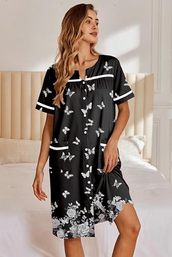 Image of Ekouaer Nightgowns for Women House Dress with Pockets Button Down Sleepshirt Short Sleeve Nightshirt Housecoat
