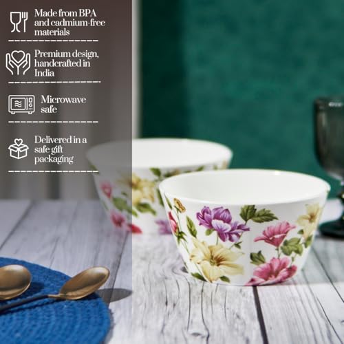 Image of GOLDEN QUEEN'S Handcrafted Bowls for Serving Snacks, Meals, Salads, and Noodles | Set of 2 | Microwave Safe | 5 Inch Wide - Floral Harmony