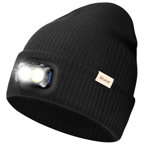 Blukar LED Beanie Beleuchtete Mütze mit Licht, 2 in 1 Extrem Helle Laufmütze mit Lampe, 5 Lichtmodi, Wiederaufladbar, Winter Warme Stirnlampe...