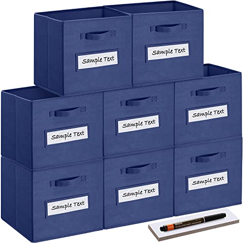 Image of artsdi 13x13x13 storage cube bins(Set of 8) Fabric storage cubes with 8 Labels Window Cards & a Pen, storage cubes 13x13, Collapsible 13 inch cube storage bins, Cubby Boxes, Navy Blue