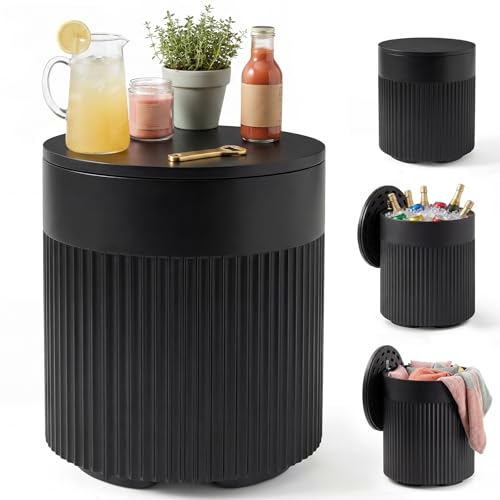 PASAMIC Outdoor Cooler Side Table 3-in-1 Patio Ice Cooler Table with Storage HDPE Outdoor Table with Drain Plug Holds 24 Cans & Fits Wine Bottles Poolside Deck Backyard (Black)