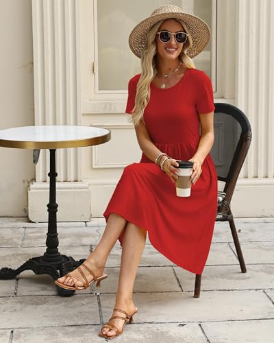 Image of COSSEN Women's 2026 Summer Midi Dress Crew Neck Short Sleeve