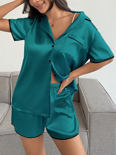 Image of Ekouaer Womens Satin Pajamas Set 2 piece Silky Buttton Down Short Pjs | Silk Notch Collar Top and Soft Shorts Lounge Set for Sleep, Daily Wear, Home, Wedding, Party