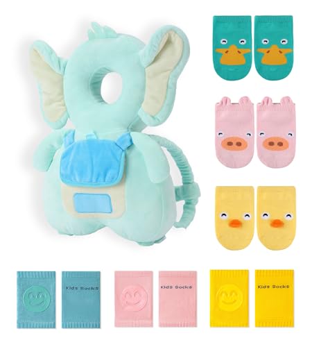 Image of JunNeng Baby Head Protector Backpack with Squeaker, Knee Pads, Anti-Slip Socks, Light Blue Elephant Sets