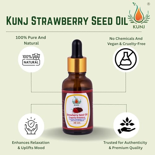 Image of KUNJ Strawberry Seed Oil 30ml | 100% Pure & Natural Cold Pressed Carrier Oil | Lightweight Moisturizing Oil for Skin & Hair Care | Fast Absorbing & Non-Greasy | Ideal for Face Care & DIY Skincare