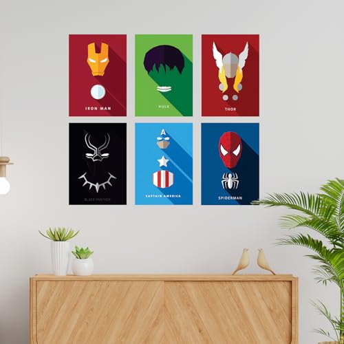 Image of CodersParadise Wood Pack Of 6 - Superhereos Wall Posters 8X12 Inch (A4 Size) Included Glue Dots Wall Decor Posters Wall Art For Bedroom, Living Room, Office