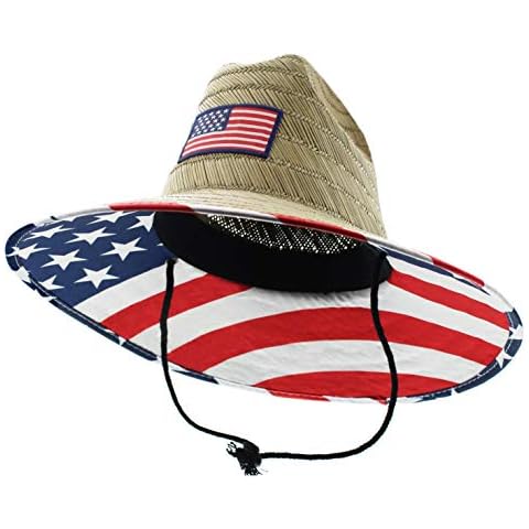 JFH Wide Brim Sun Straw Hat with Chin Cord and Underbrim Print (USA Flag) Cover