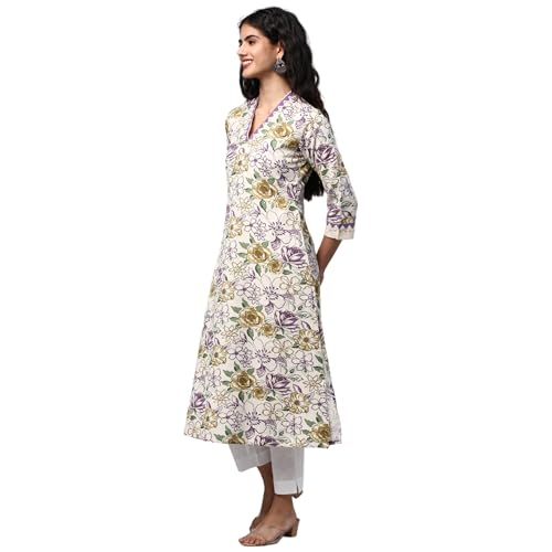 Image of KAMI KUBI Printed a-line kurta with block print detail on neck and sleeve.