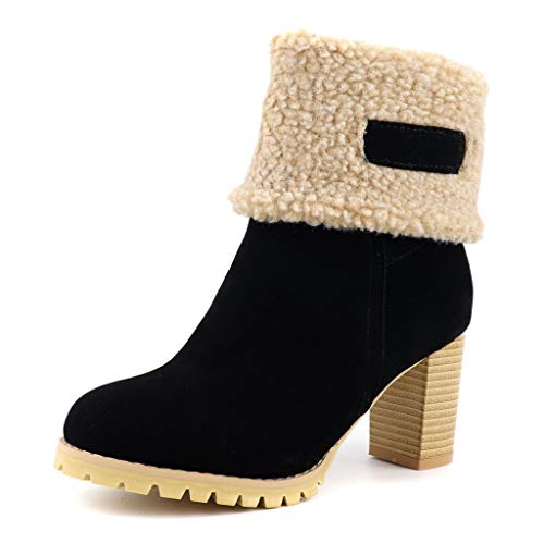 MIOKE Women's Winter Fur Ankle Boots Suede Round Toe Platform Chunky Block High Heel Warm Snow Short Booties
