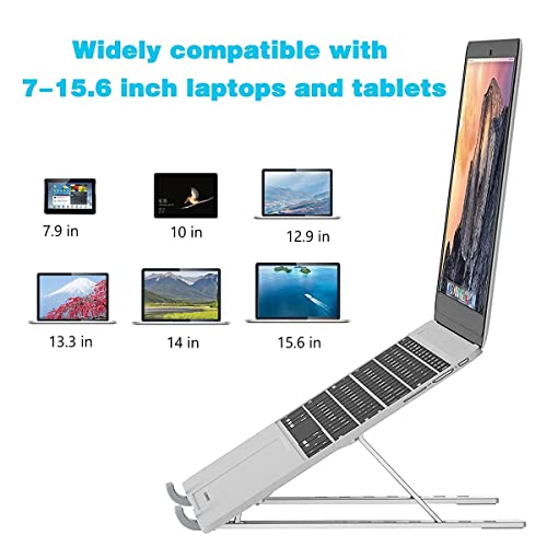 Image of Atevon Foldable Aluminum Laptop Stand - 6-Level Adjustable Riser for 10-15.6 MacBook, Notebooks & Tablets | Portable Holder for Desk, Office, Reading (Silver)