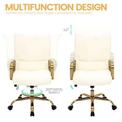 Mfd Living Home Office Chair, Modern Upholstered Mid-Back Pu Leather Task Desk Chair With Arms, Adjustable Rocking Swivel Computer Chair With Wheels (Off-White, Gold Base) #TOP3