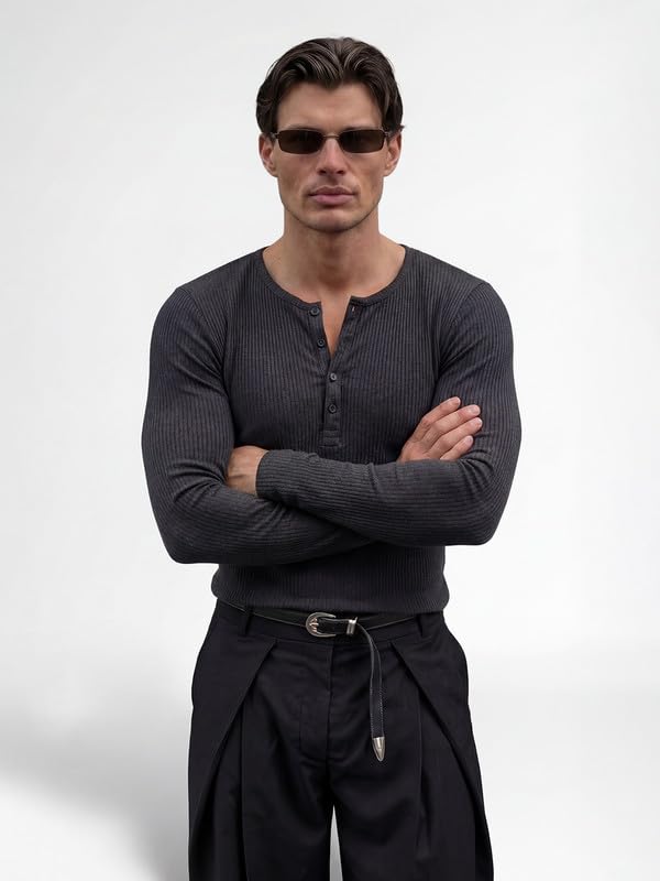 Image of FUGAZEE 100% Cotton Charcoal Muscle Fit Ribbed Henley Longsleeve T-Shirt