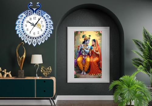 Image of Peacock Design Analog Wall Clock for Living Room | Decorative Modern Designer Wall Clock for Home Decor | Stylish Flower Pattern Wall Clock for Hall, Bedroom & Office | Silent Sweep Quartz Clock-Blue