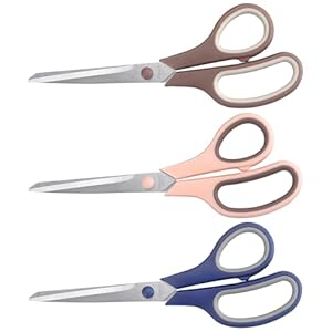 Tijeras de 8.5 pulgadas multiusos a granel, juego de 3, tijeras para oficina, hogar, escuela, suministros de manualidades, agarre suave y cómodo para mano derecha/izquierda, azul marino, rosa, marrón