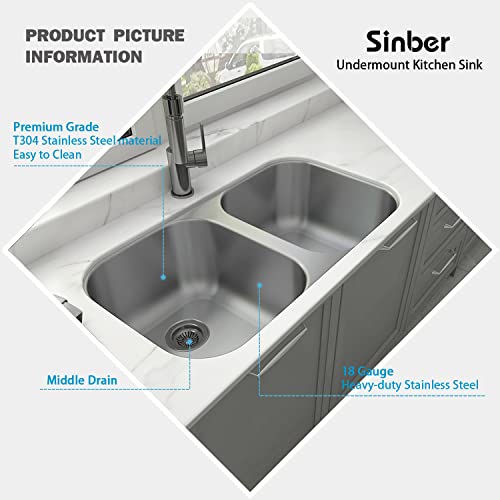Sinber 32" x 18" x 9" Undermount Double Bowl Kitchen Sink with 18 Gauge 304 Stainless Steel Satin Finish MU3218D (Sink Only)